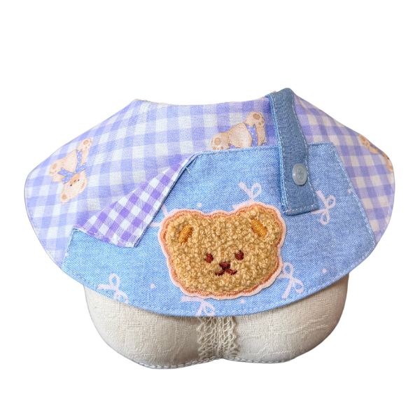 Playful Blue Gingham & Denim Overalls Pet Bib – Cute Fuzzy Bear Patch Collar