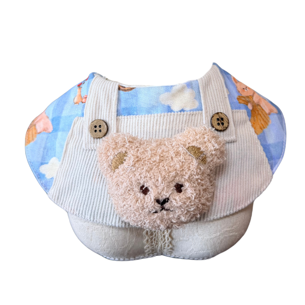 Dapper Corduroy Overalls Pet Bib – Cozy Fuzzy Bear Patch Collar with Wooden Buttons