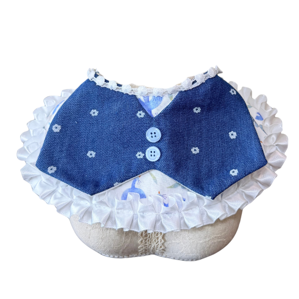 Classic Denim Vest Dress Pet Bib – Floral Print Collar with White Satin Ruffle Trim