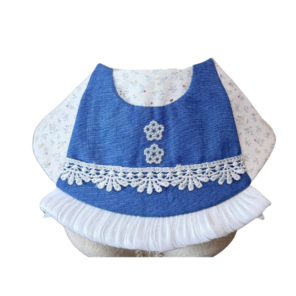 Cottagecore Denim Apron Pet Bib – Micro Floral Collar with Pearl Flower & Lace Trim