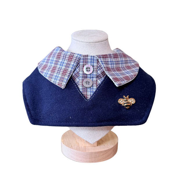 Preppy V-Neck Sweater Pet Bib – Navy Blue Uniform Collar with Rhinestone Bee Brooch