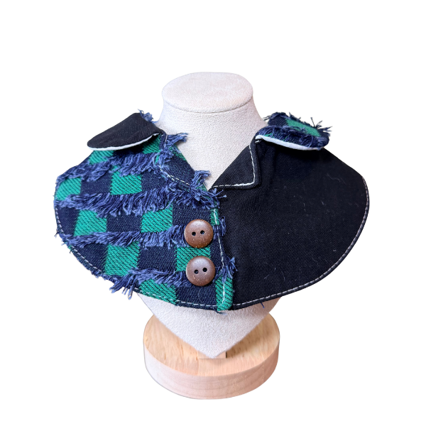 Anime Style Distressed Checkered Pet Bib – Green & Black Split Jacket Collar with Fringe