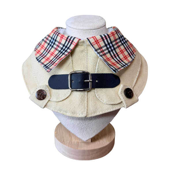 British Trench Coat Pet Bib – Beige Autumn Collar with Tartan Plaid & Leather Buckle
