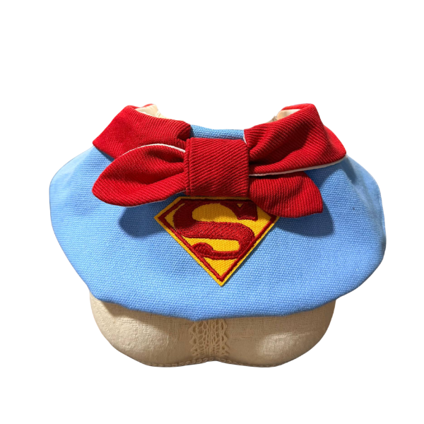 Superhero Shield Cape Pet Bib – Bright Blue Comic Book Collar with Large Red Bow