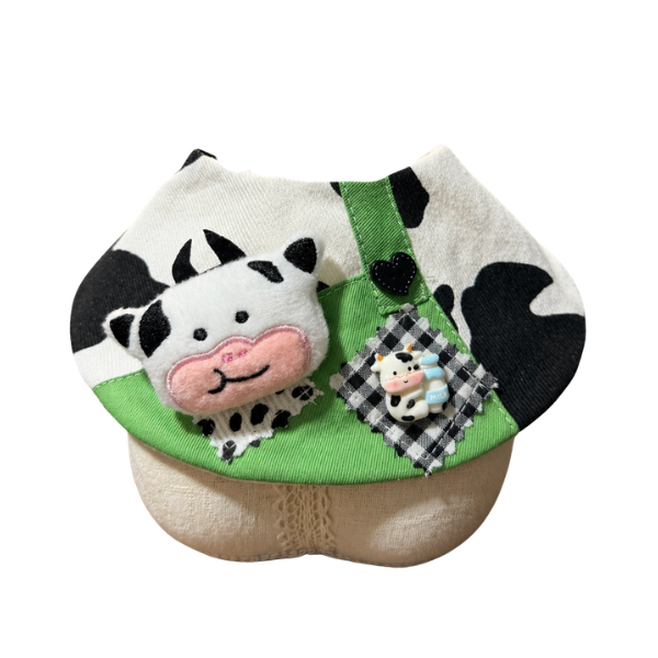 Farmhouse Holstein Cow Overalls Pet Bib – Meadow Green Apron Collar with Plush Cow & Milk Charm