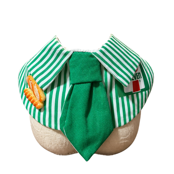 Convenience Store Clerk Parody Pet Bib – Green Striped Uniform Collar with Tie & Bread Charms