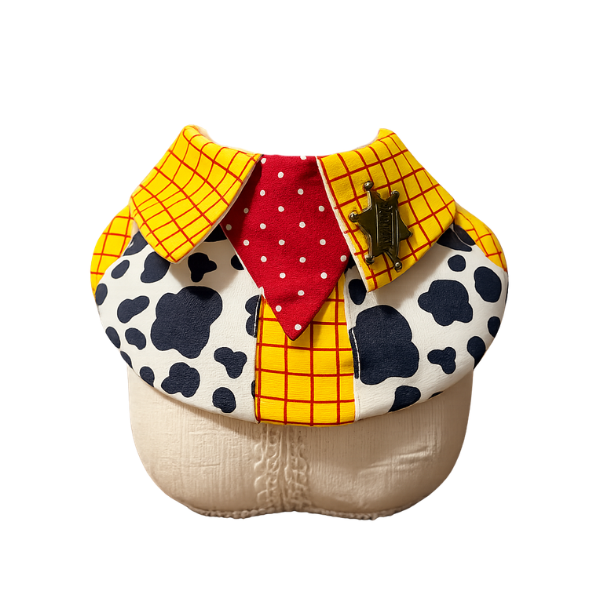 Wild West Toy Cowboy Pet Bib – Yellow Grid Uniform Collar with Cow Print Vest & Sheriff Star
