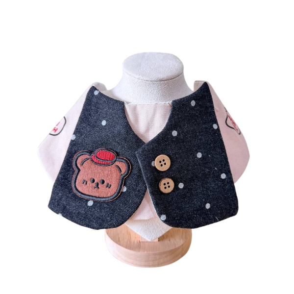 Gentleman Bear Adjustable Pet Bib – Denim Vest Style Collar with Cute Bear Patch