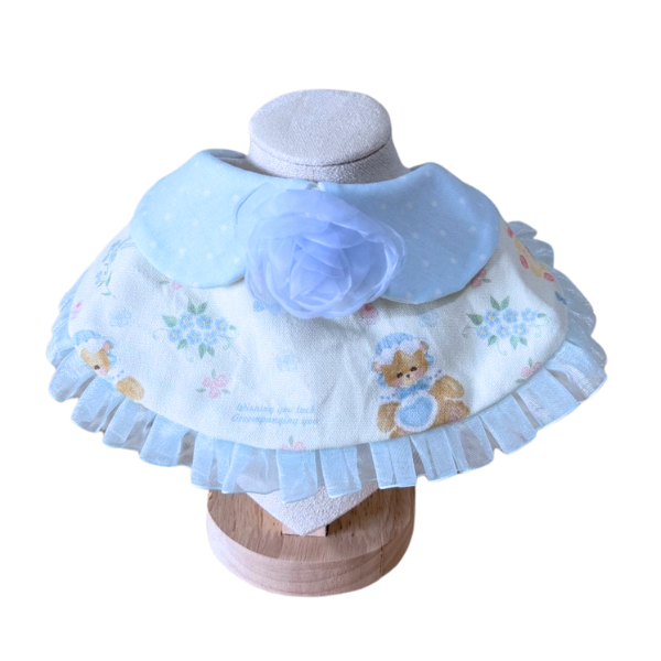 Vintage Blue Teddy Bear Pet Bib – Peter Pan Collar & Organza Flower Ruffle Bandana